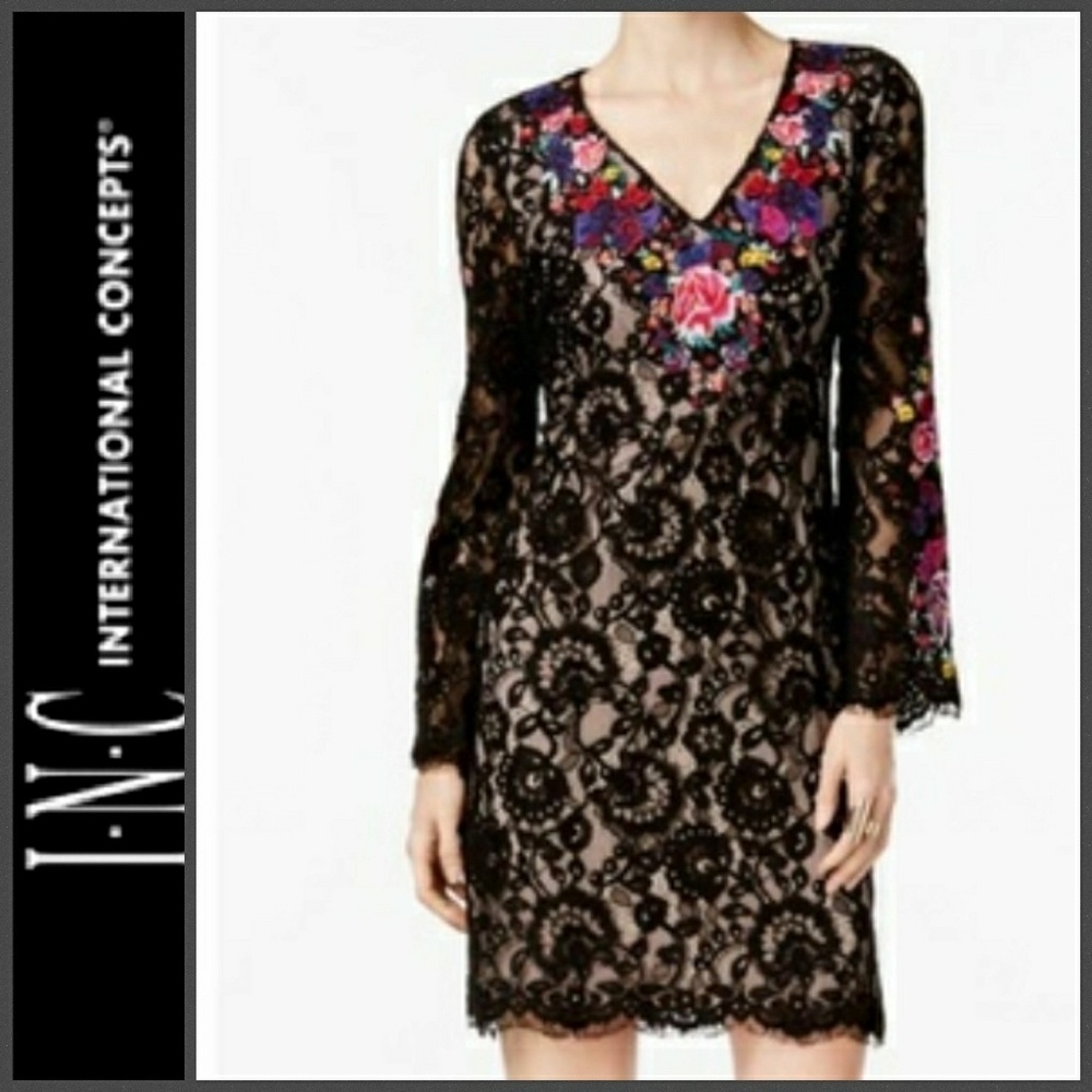 New INC Embroidered Lace Bell Sleeve Sheath Dress